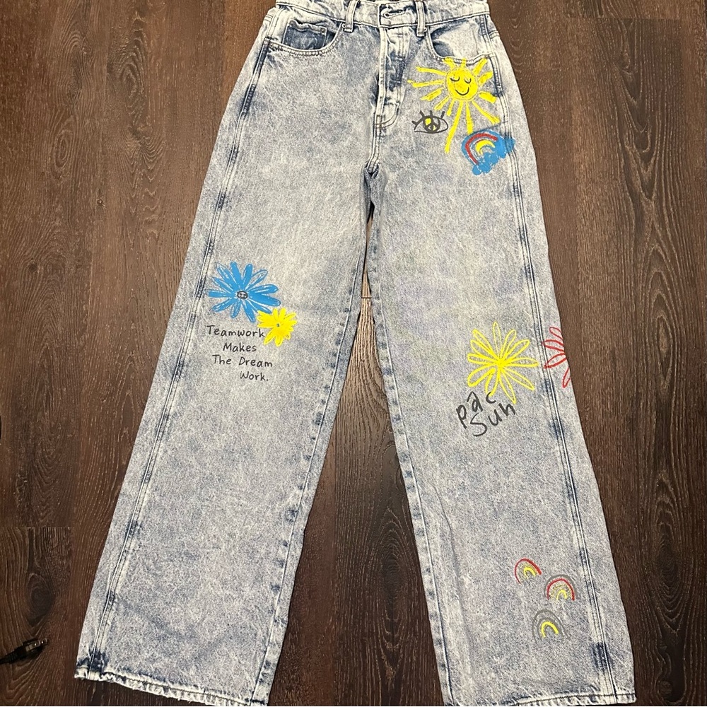 Pacific Sun Womens Baggy Blue Jeans 26 Painted Artsy Wide Leg 90s Medium Wash